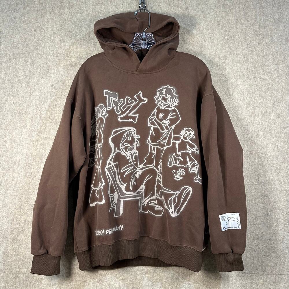 Aelfric Eden - Brown Graphic Hoodie Size M Character Line Art Y2K Streetwear